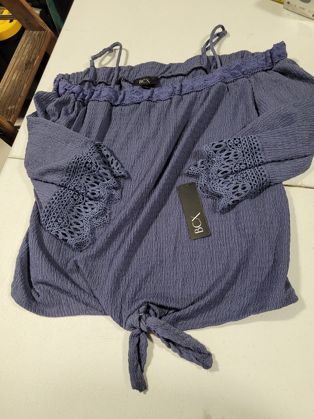 BCX Lavender Blue Off-Shoulder Tie Hem Top
